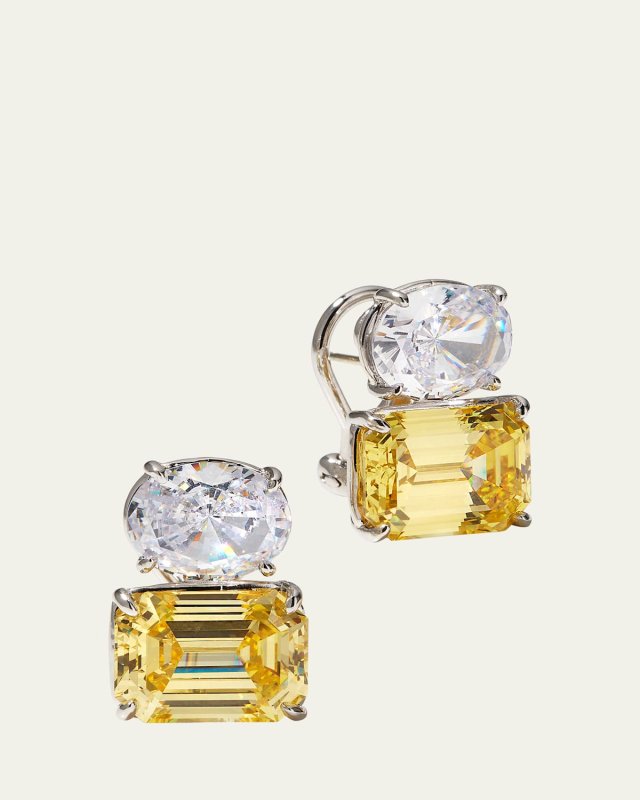 26.0 TCW White Oval & Canary Emerald-Cut Stud Earrings